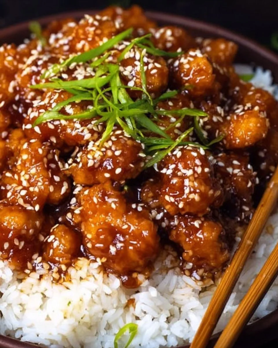 Delicious plate of homemade sesame chicken garnished with sesame seeds