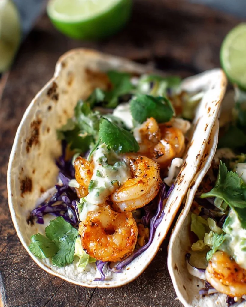 Delicious shrimp tacos topped with fresh ingredients and served on a plate.