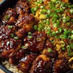 Delicious Sticky Glazed Chicken served with fried rice on a plate