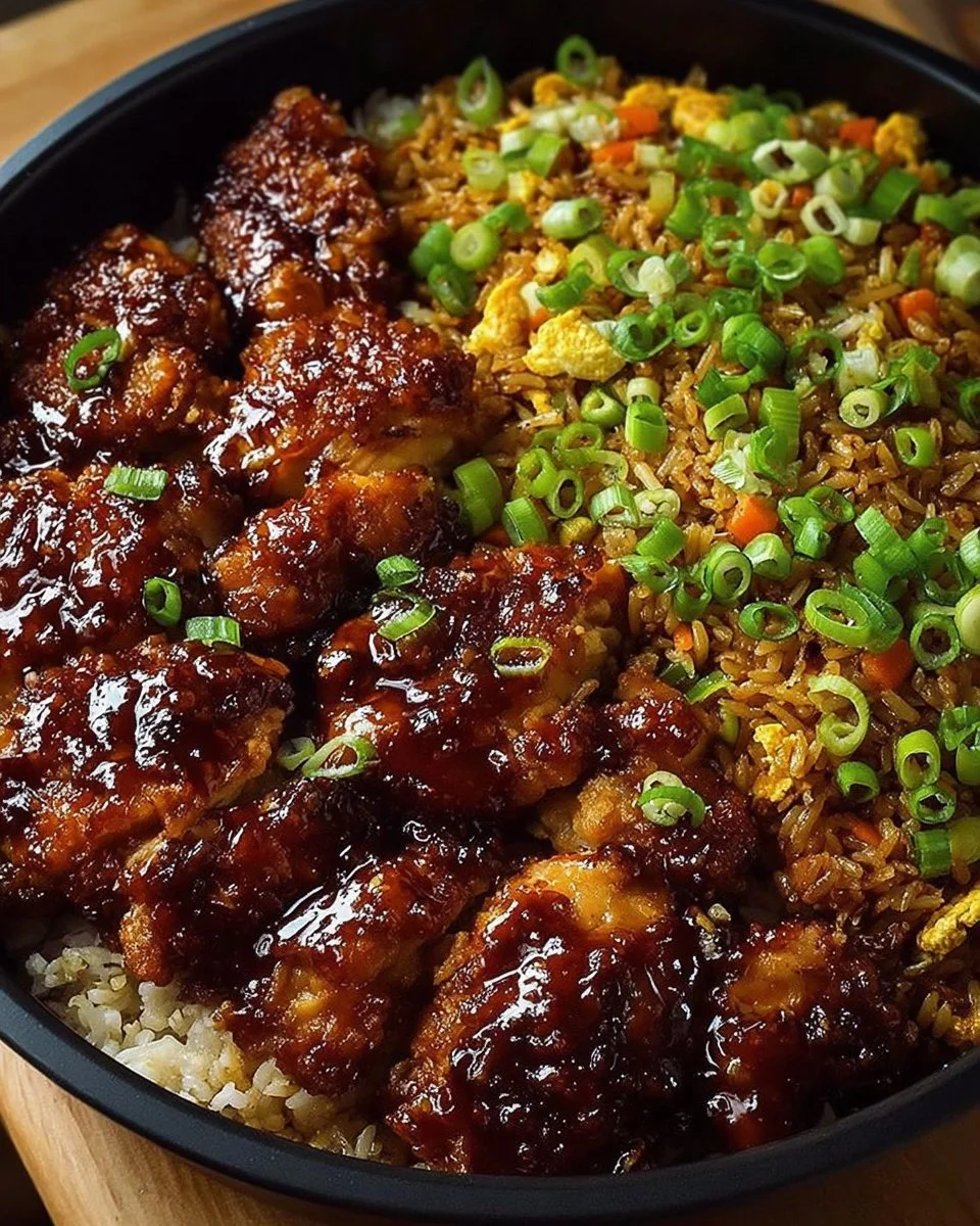 Delicious Sticky Glazed Chicken served with fried rice on a plate