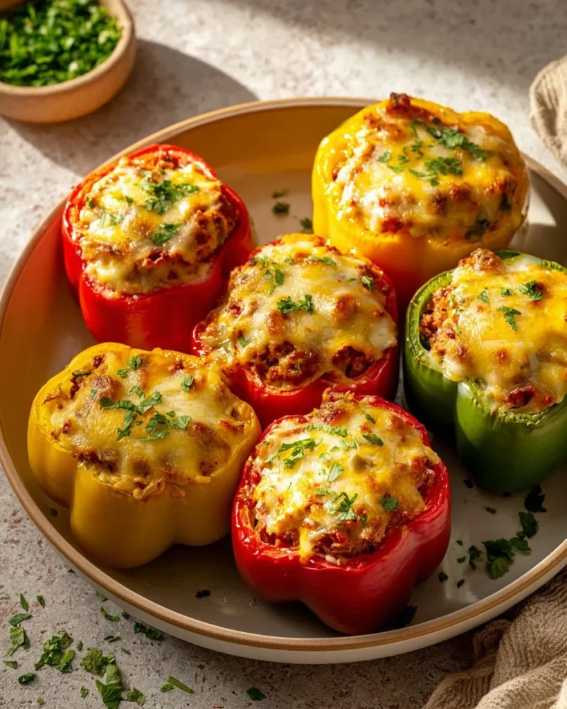 Colorful stuffed bell peppers filled with rice and vegetables on a plate