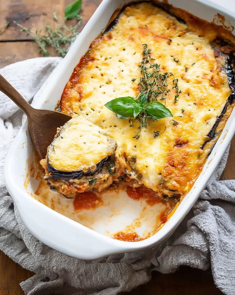 Healthy Eggplant and Ground Turkey Moussaka recipe with high protein content