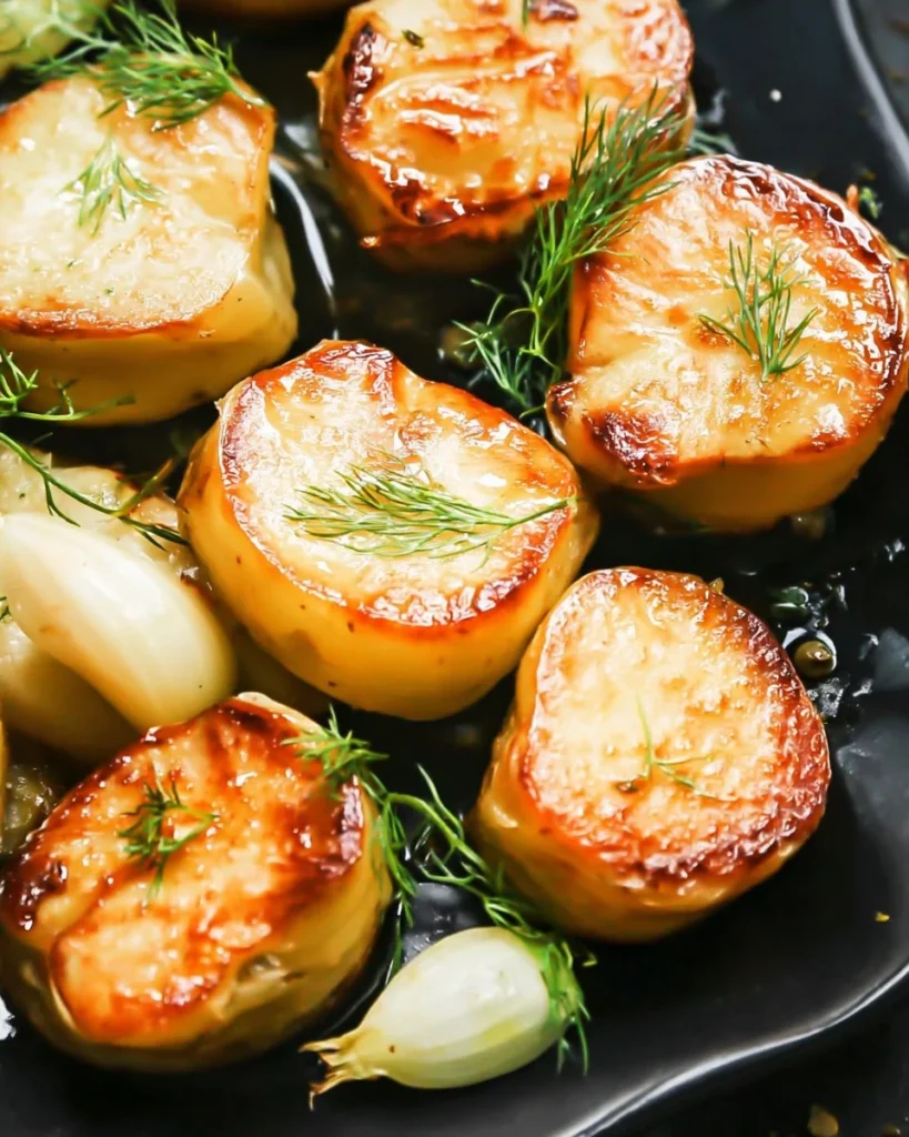Deliciously roasted Fondant Potatoes served on a plate with herbs.