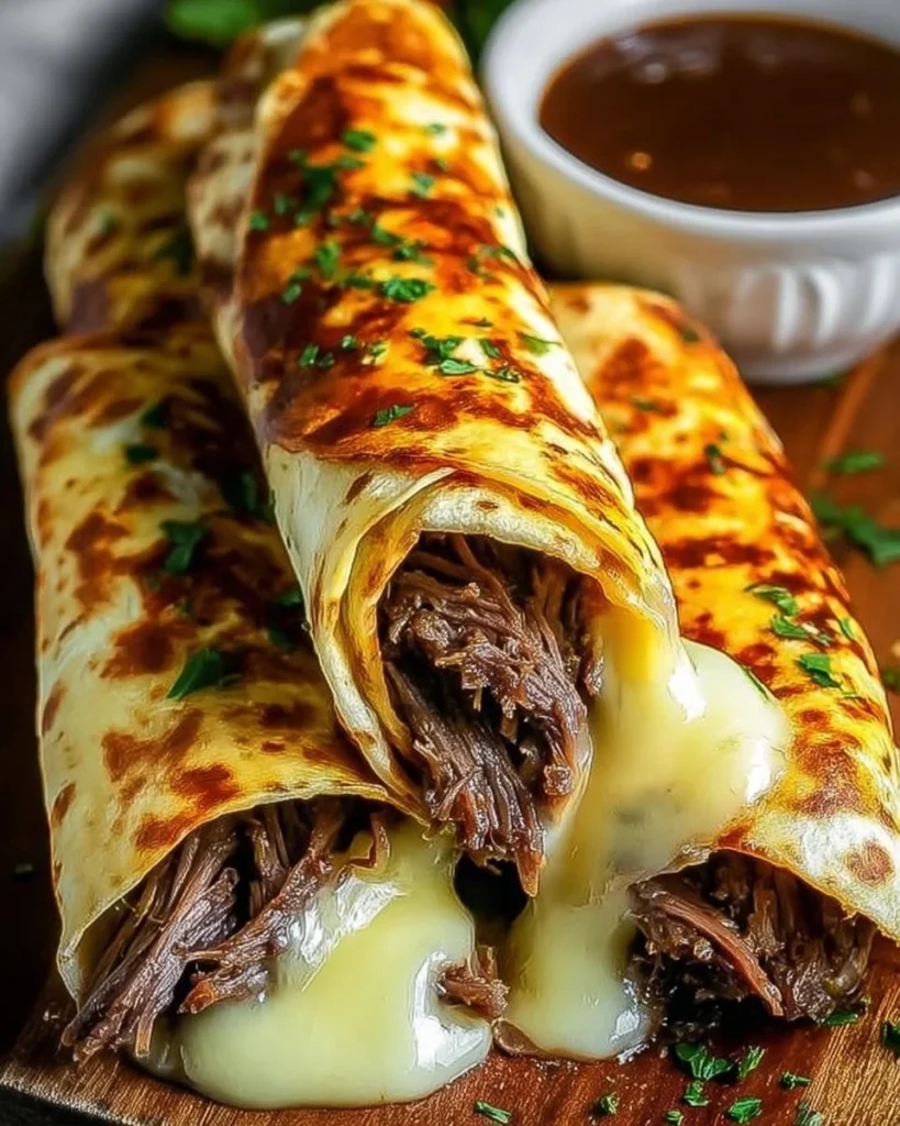 French Dip Tortilla Roll Ups served on a platter with dipping sauce.