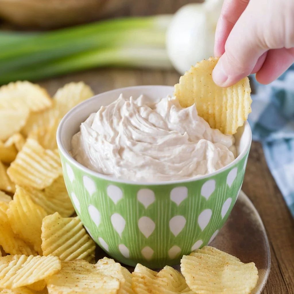 Delicious homemade French Onion Dip served with tortilla chips.