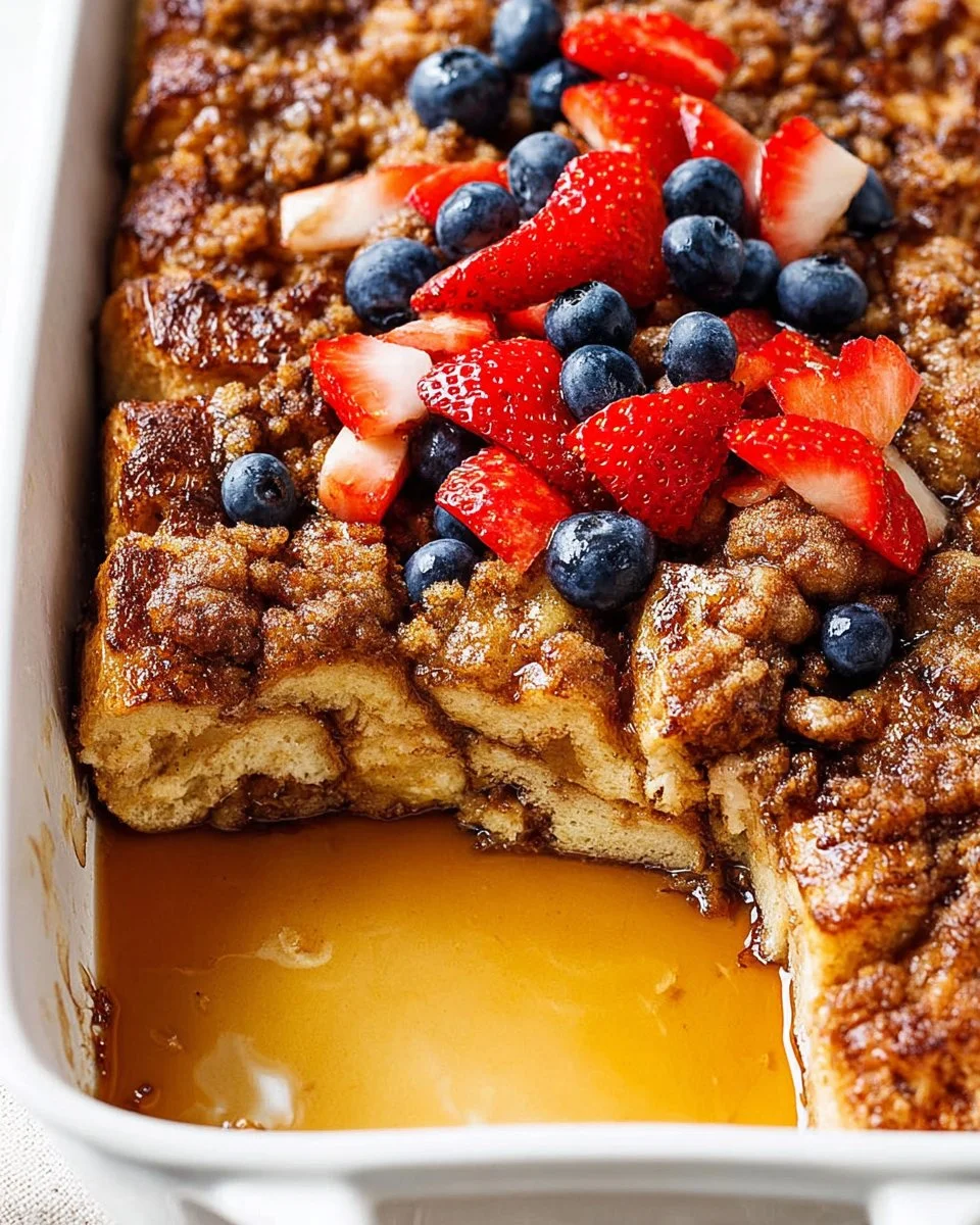 Delicious French Toast Bake served with maple syrup and fresh berries.