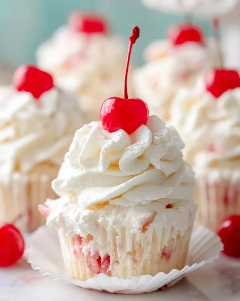 Frozen fruit salad cupcakes topped with fresh fruits and whipped cream
