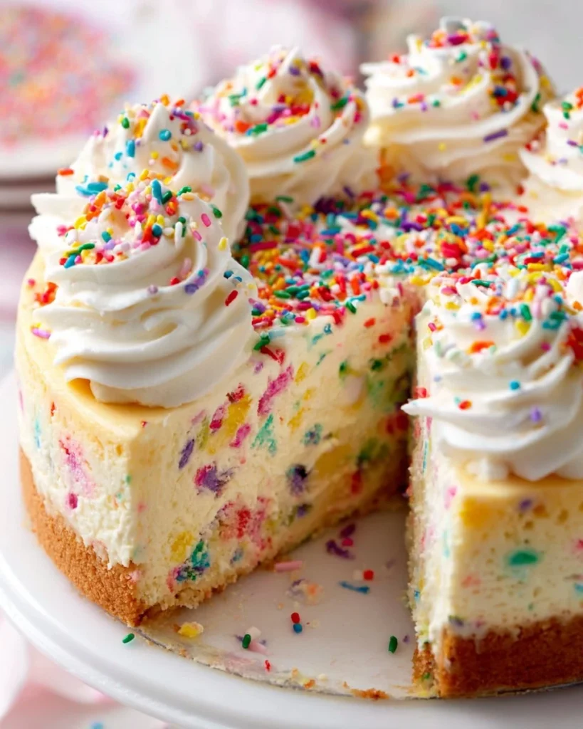 Delicious Funfetti Cheesecake topped with colorful sprinkles and whipped cream