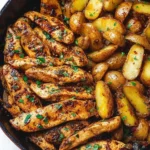 Garlic Butter Chicken served with roasted potatoes on a plate