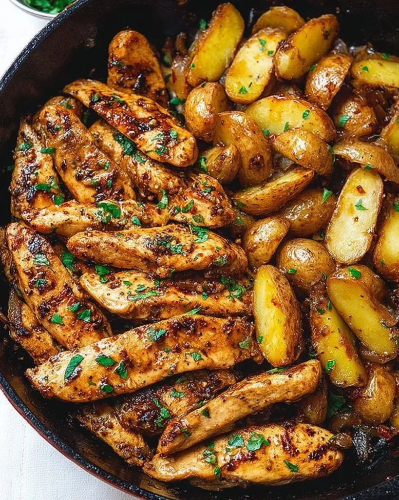 Garlic Butter Chicken served with roasted potatoes on a plate