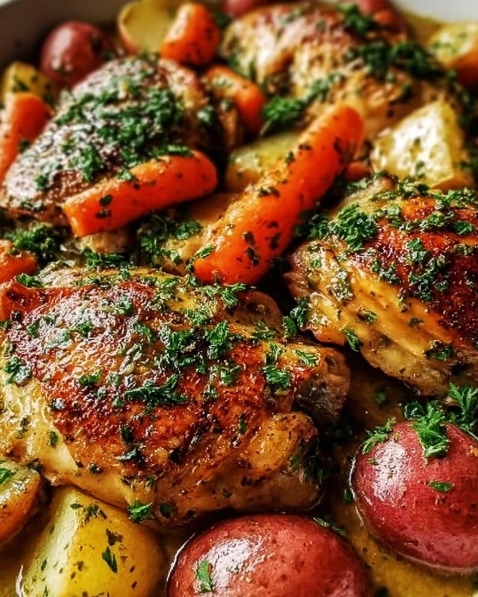 Delicious Garlic Butter Chicken cooked in a crockpot, served with herbs.