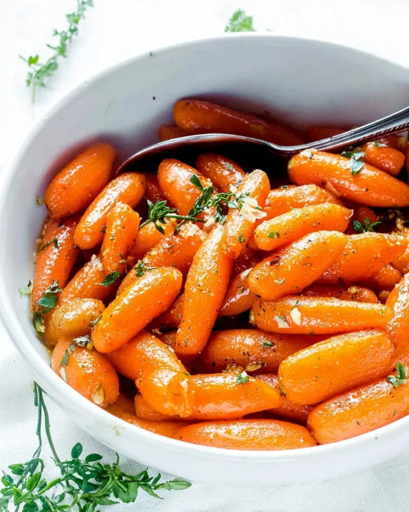 Garlic butter cooked baby carrots served on a plate