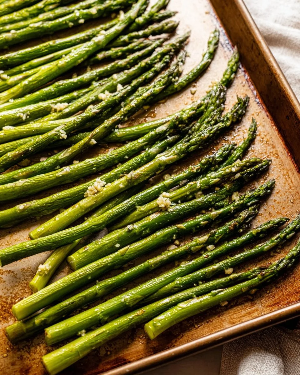Delicious garlic butter roasted asparagus served on a plate