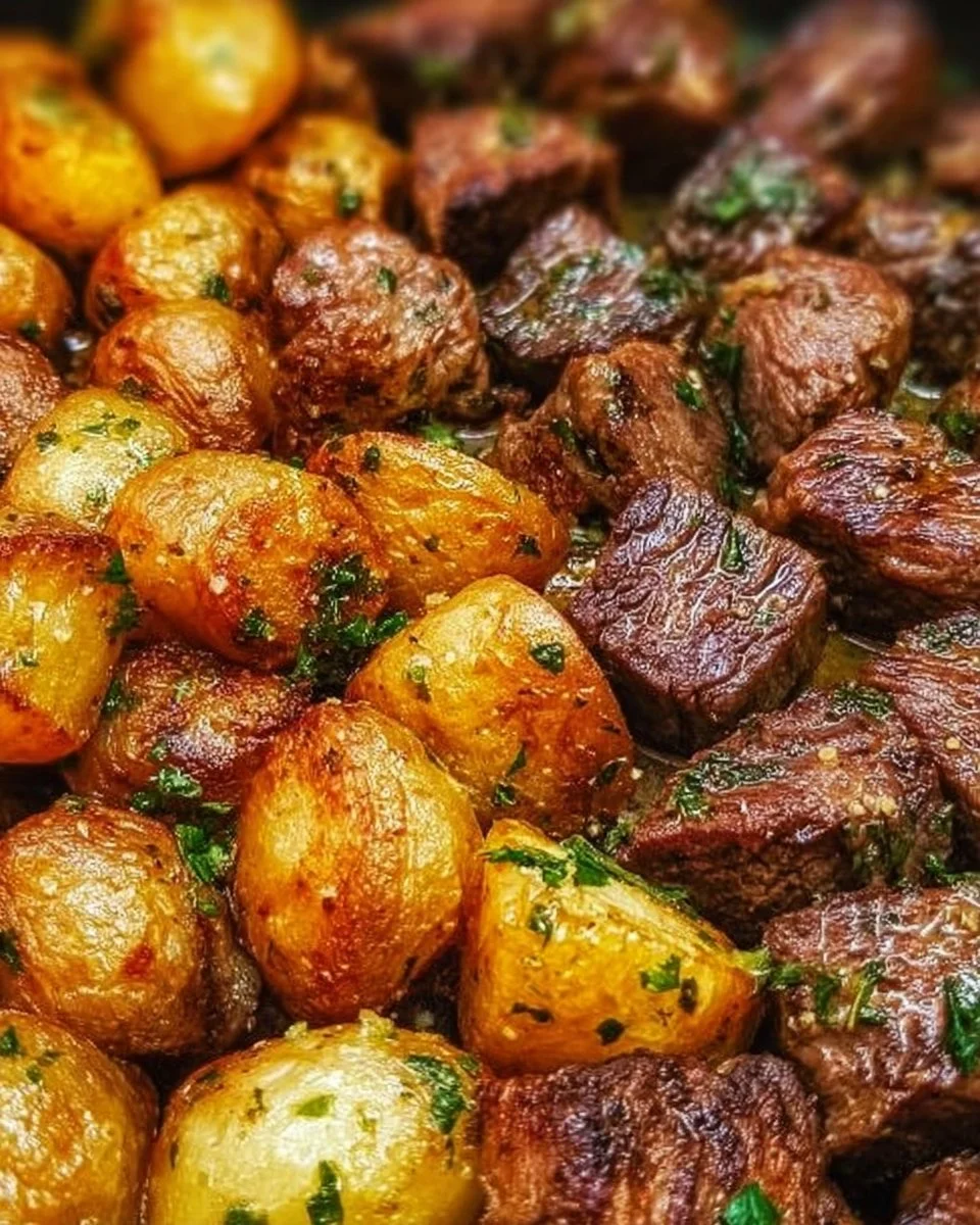 Delicious Garlic Butter Steak Bites served with crispy potatoes on a plate.