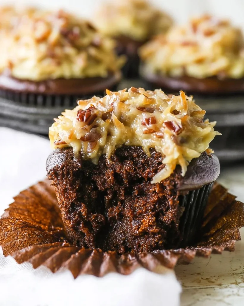 Delicious German chocolate cupcakes with coconut pecan frosting on a plate.