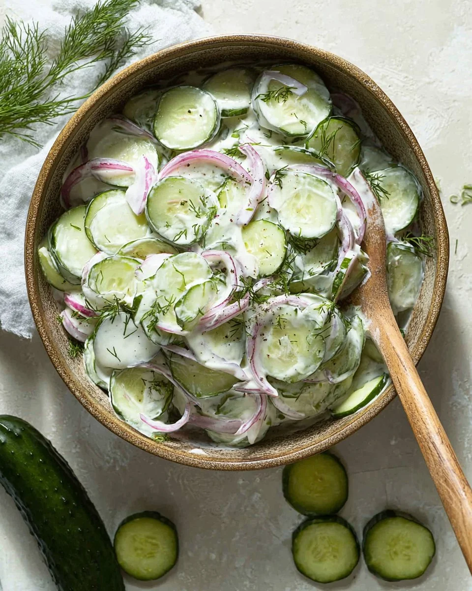 Creamy German cucumber salad served in a bowl with fresh herbs