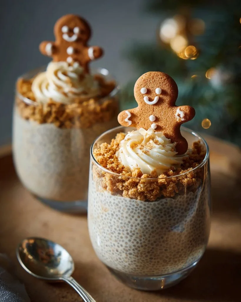 Bowl of Gingerbread Chia Seed Pudding topped with spices and decorative elements.