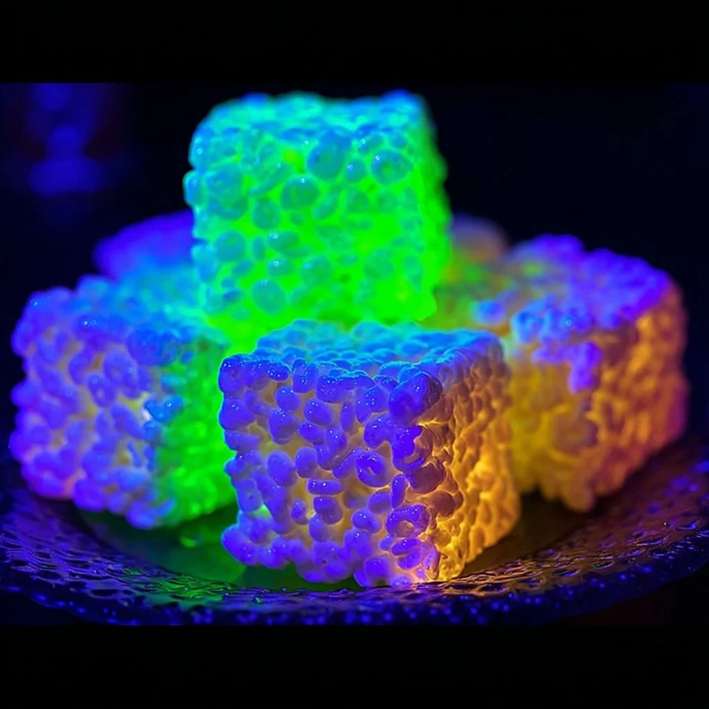 Colorful Glow in the Dark Rice Krispies Treats displayed on a festive table
