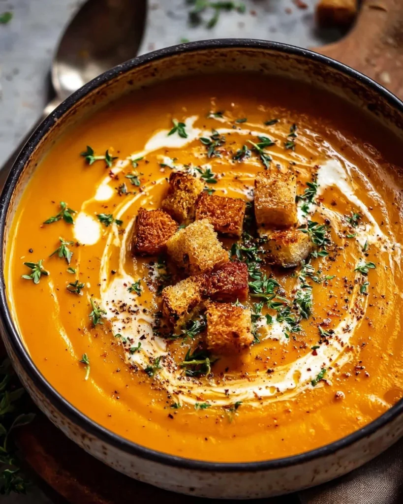 Bowl of gluten and dairy free sweet potato soup garnished with herbs