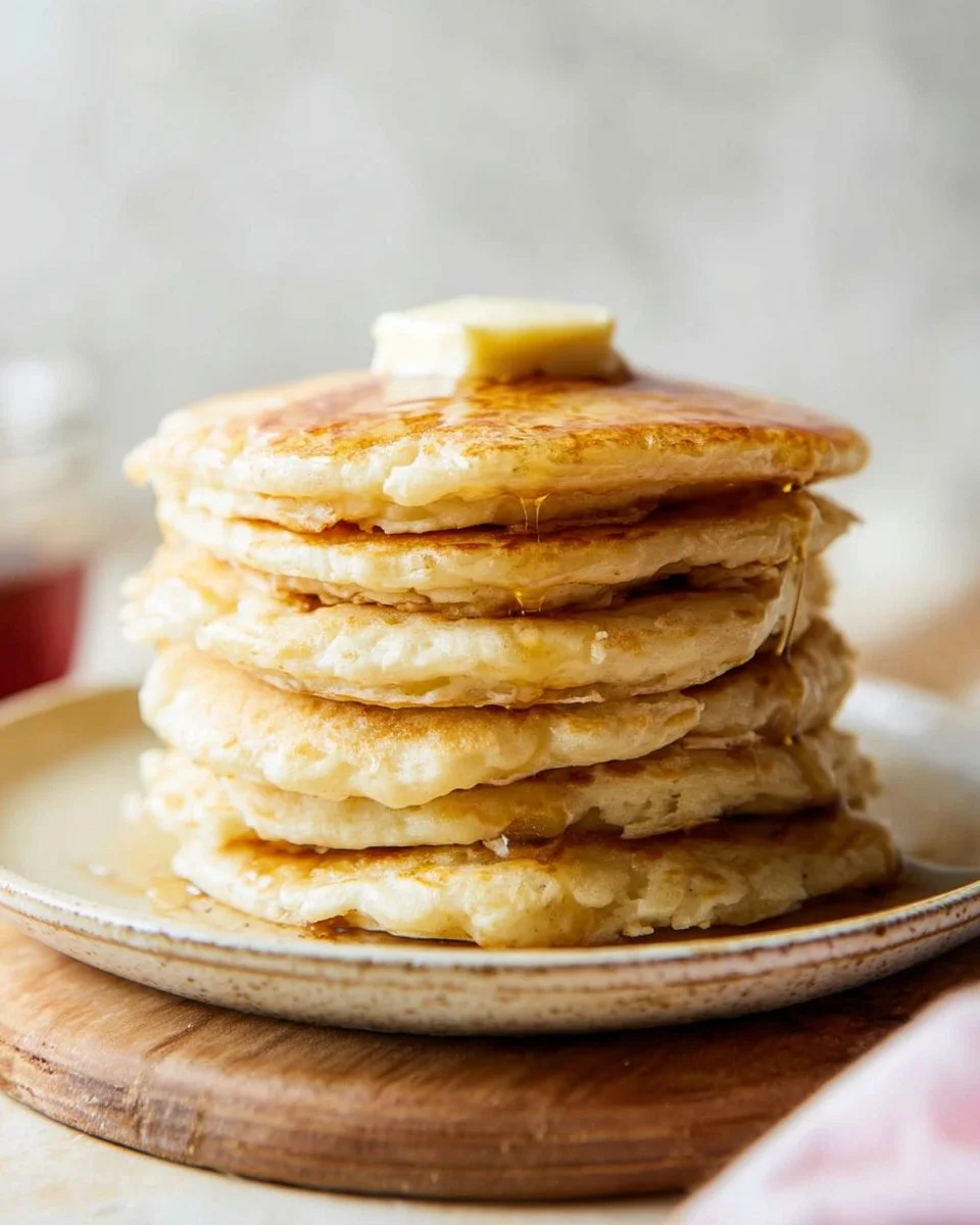 Stack of gluten-free pancakes topped with berries and syrup