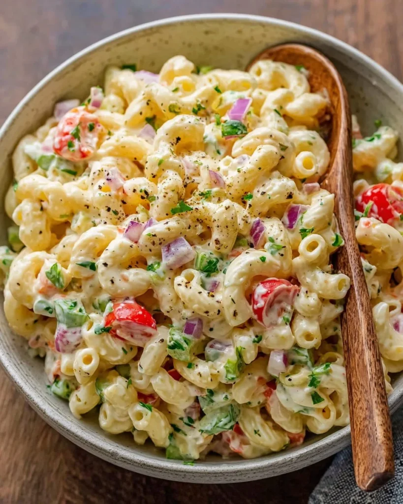 Gordon Ramsay's macaroni salad served in a bowl with fresh ingredients