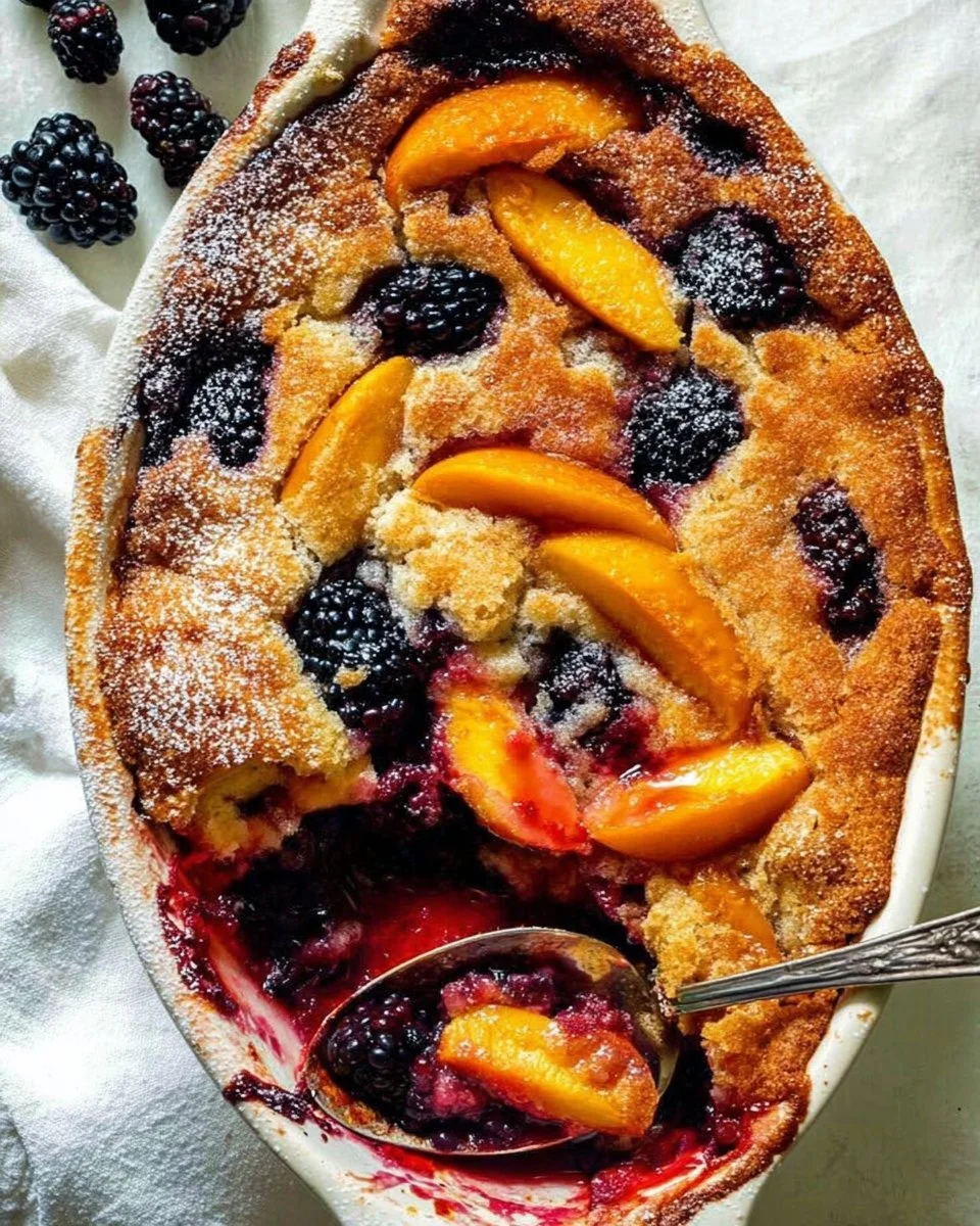 Delicious Grandma's Blackberry Peach Cobbler served in a rustic dish