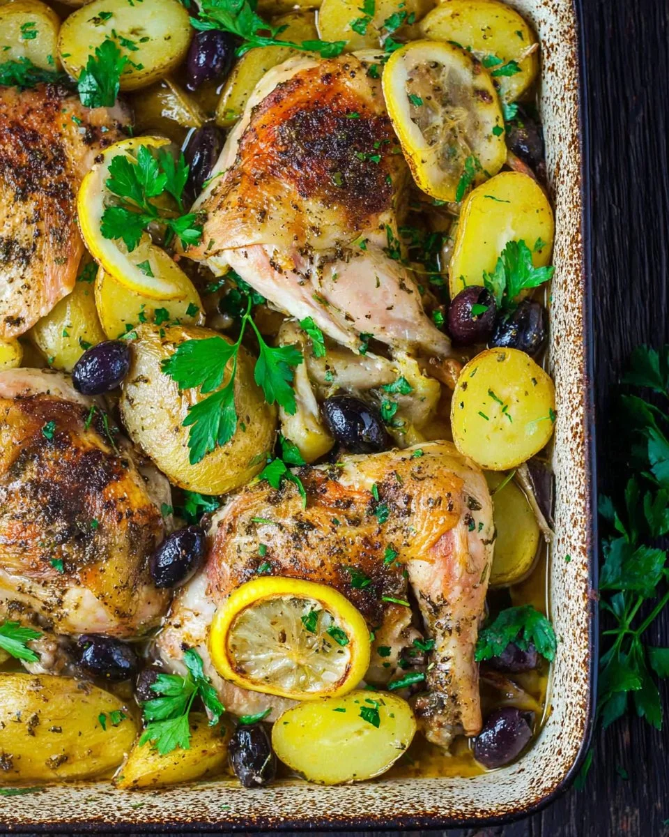A beautiful plate of Greek Chicken with roasted potatoes, fresh herbs, and lemon zest.