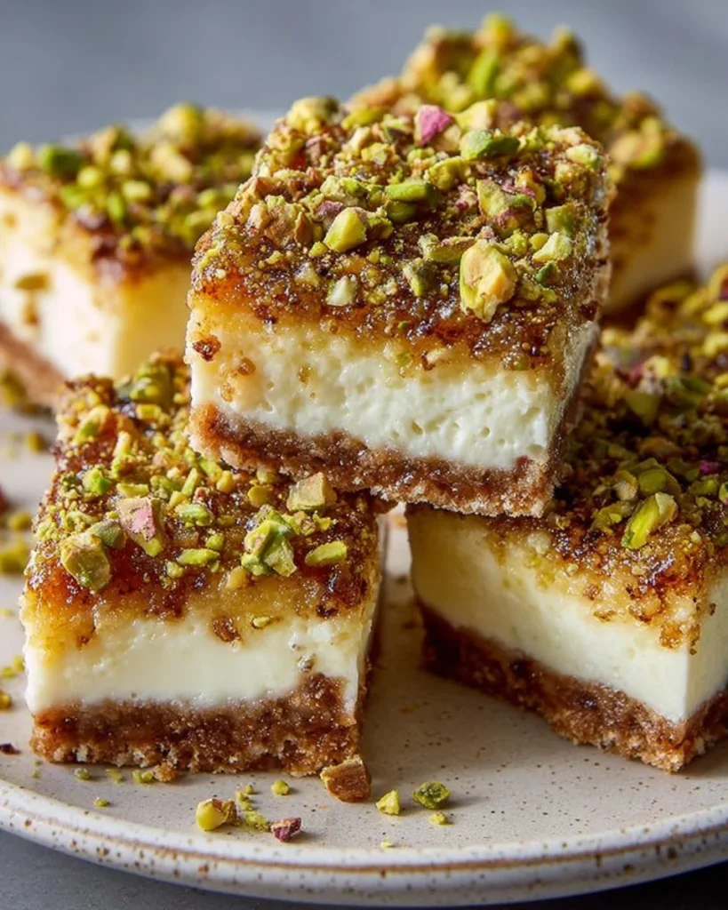 Delicious Greek Honey Pistachio Cheesecake Bars served on a plate