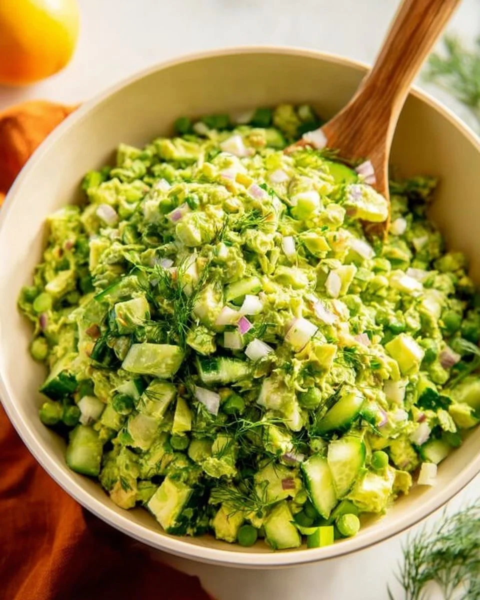 A vibrant Green Goddess Salad topped with fresh vegetables and creamy dressing.