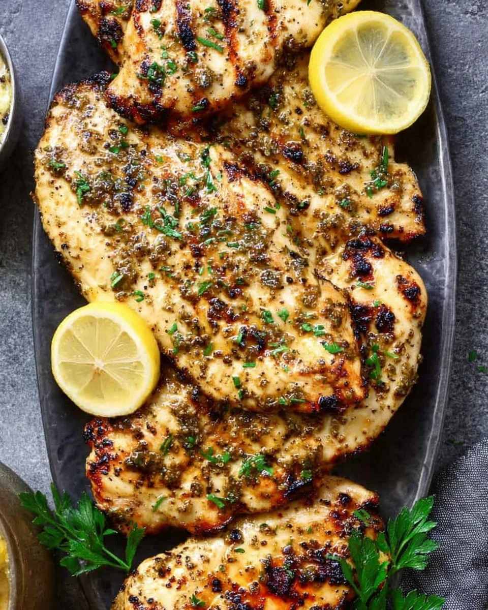 Grilled lemon pepper chicken garnished with fresh herbs on a plate