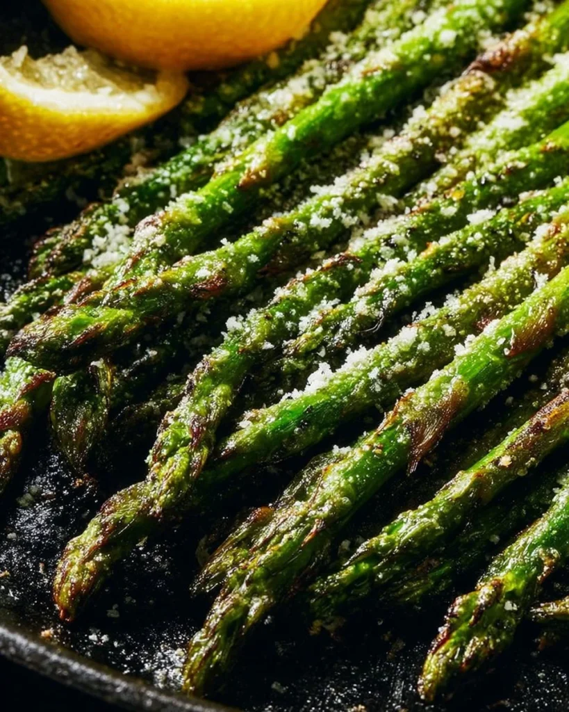 Plate of grilled Parmesan garlic asparagus, a healthy side dish for families.