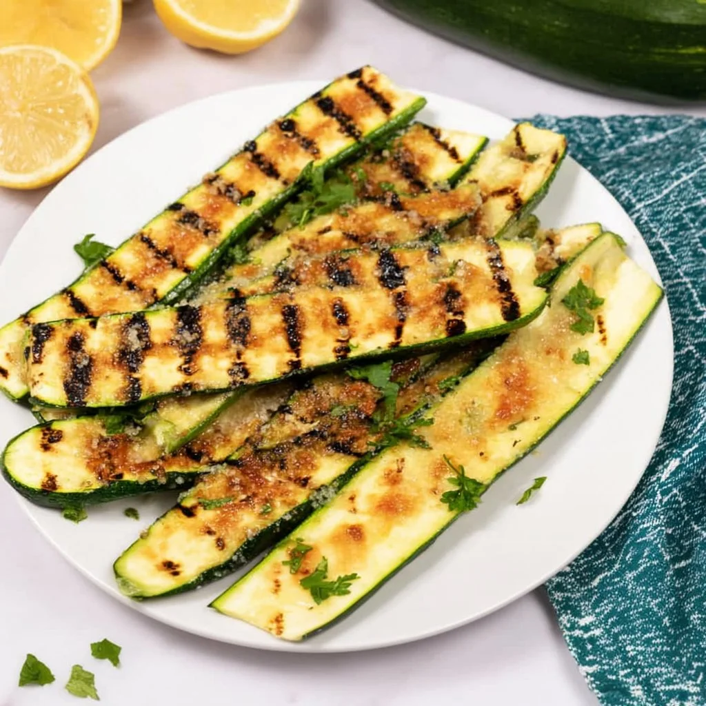 Grilled Parmesan Zucchini served on a plate, showcasing delicious char and cheesy topping