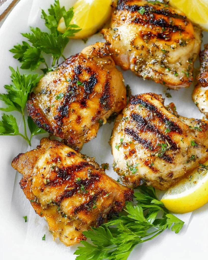 Grilling chicken thighs marinated in Greek spices on a barbecue grill.