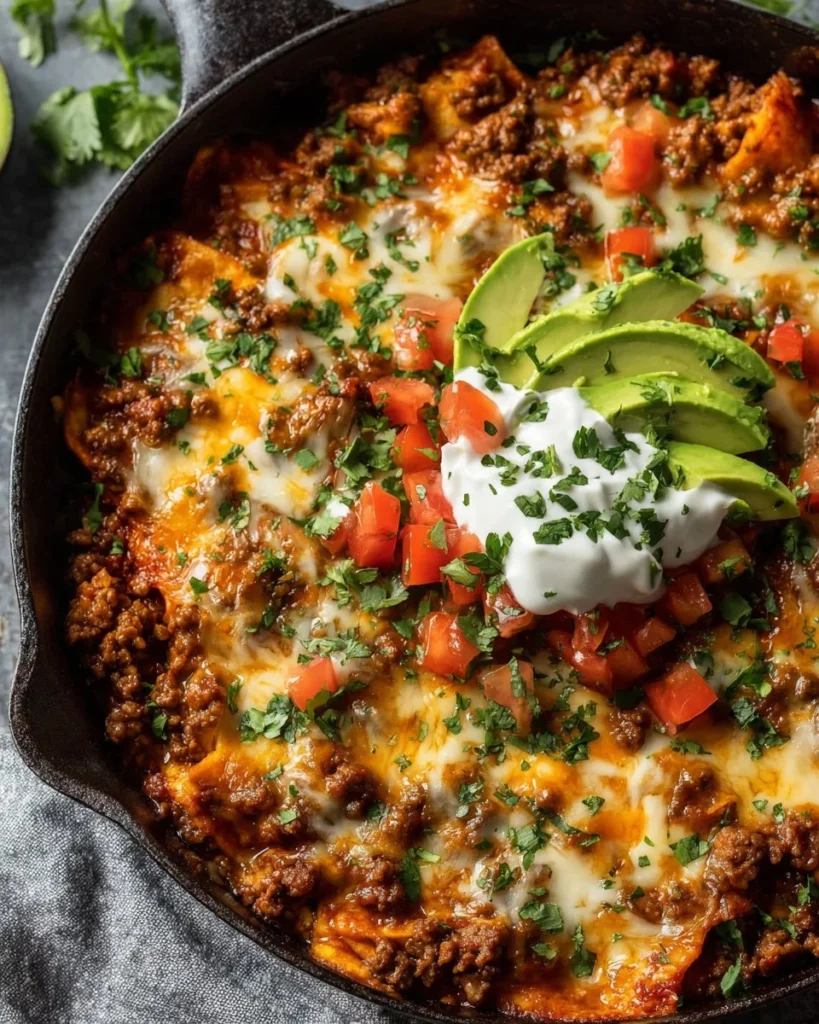 Ground beef enchilada skillet with toppings served in a cast-iron pan