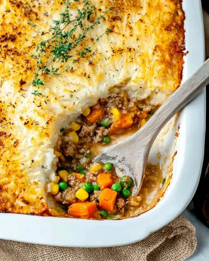 Ground Turkey Shepherd's Pie served in a bowl with fresh herbs on top.