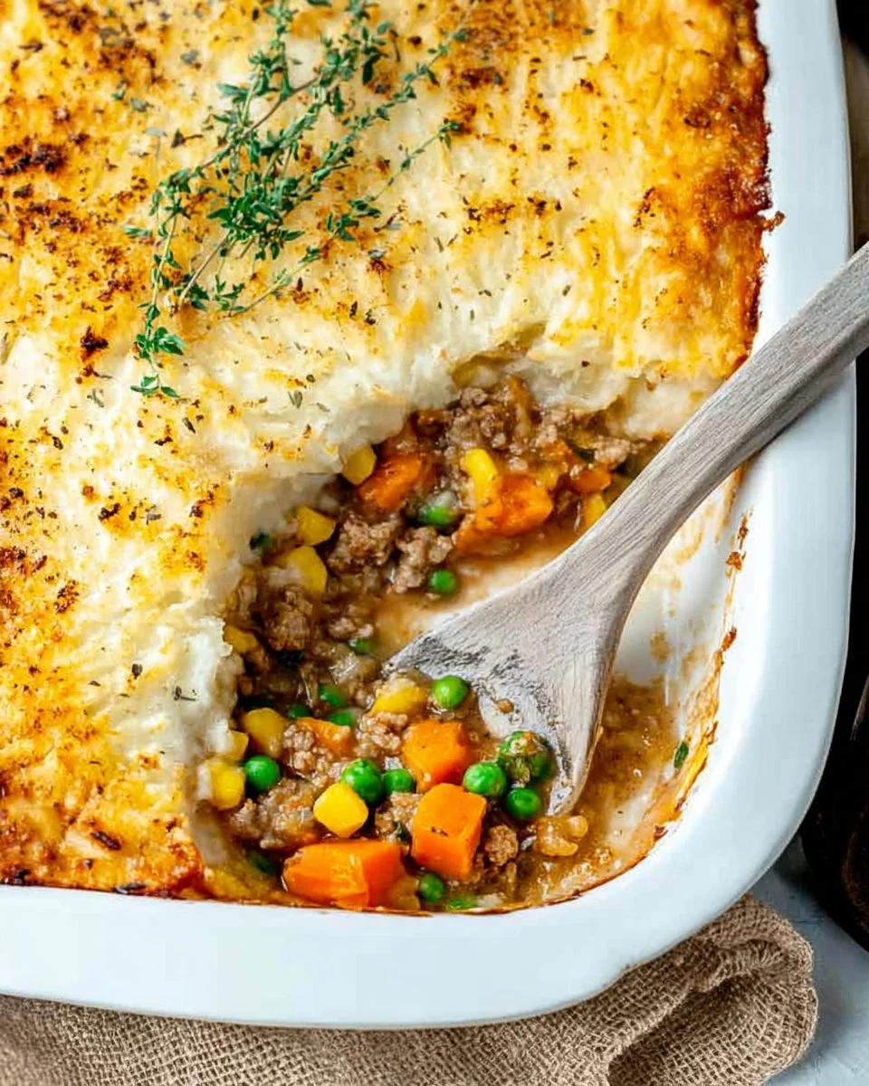 Ground Turkey Shepherd's Pie served in a bowl with fresh herbs on top.