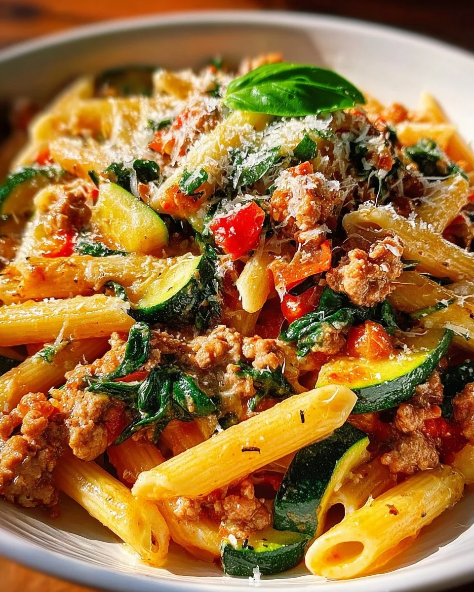 Ground turkey veggie pasta dish loaded with fresh vegetables and protein.