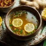 Bowl of healing miso-ginger lemon detox broth loaded with fresh ingredients.