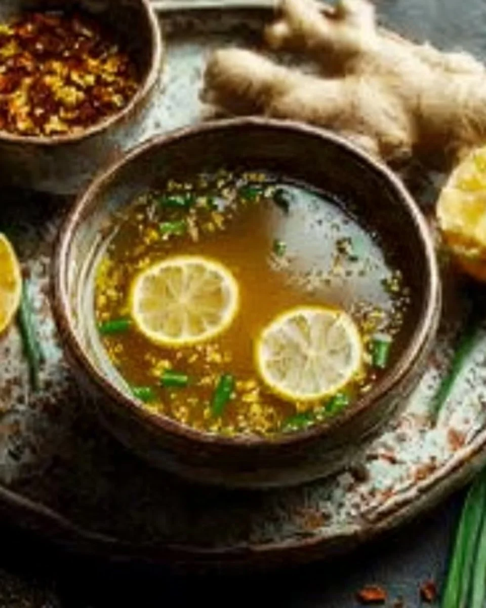 Bowl of healing miso-ginger lemon detox broth loaded with fresh ingredients.