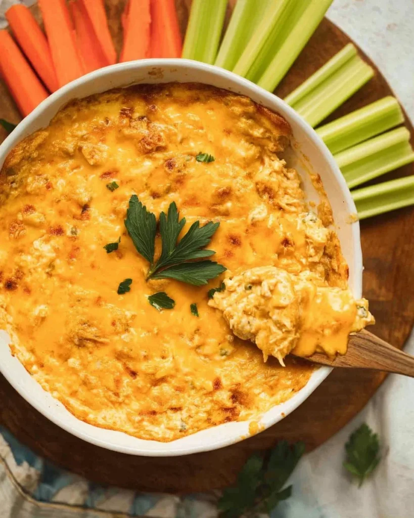 Healthy Buffalo Chicken Dip served in a bowl with vegetables for dipping.