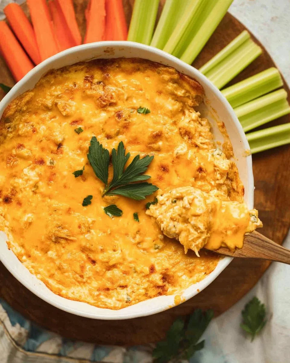 Healthy Buffalo Chicken Dip served in a bowl with vegetables for dipping.