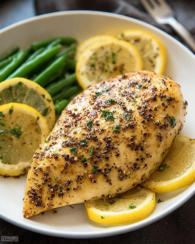 Healthy lemon pepper chicken garnished with fresh herbs and lemon slices.