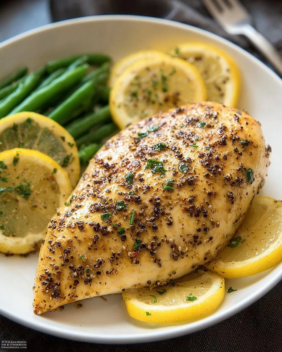 Healthy lemon pepper chicken garnished with fresh herbs and lemon slices.