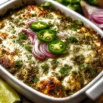 Healthy salsa verde chicken casserole topped with fresh cilantro and avocado.