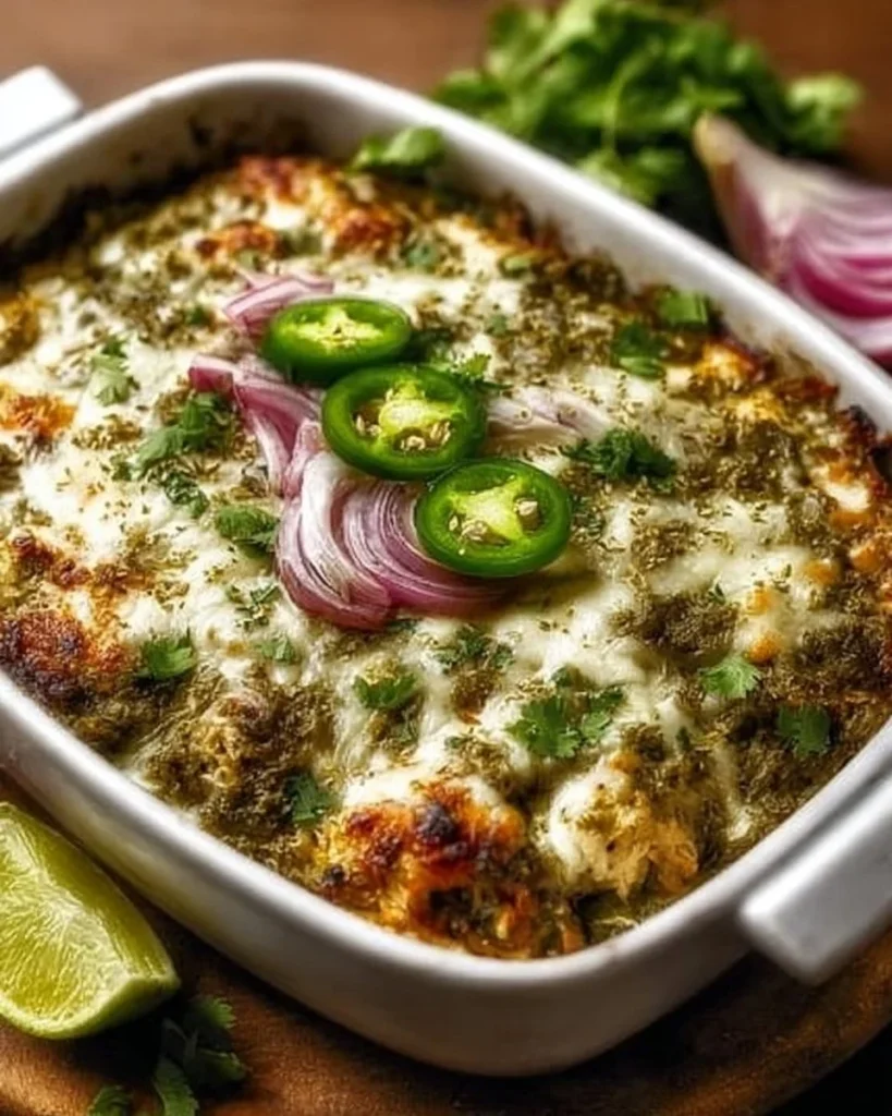 Healthy salsa verde chicken casserole topped with fresh cilantro and avocado.