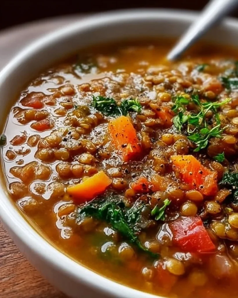 Hearty slow cooker lentil soup garnished with fresh herbs in a bowl