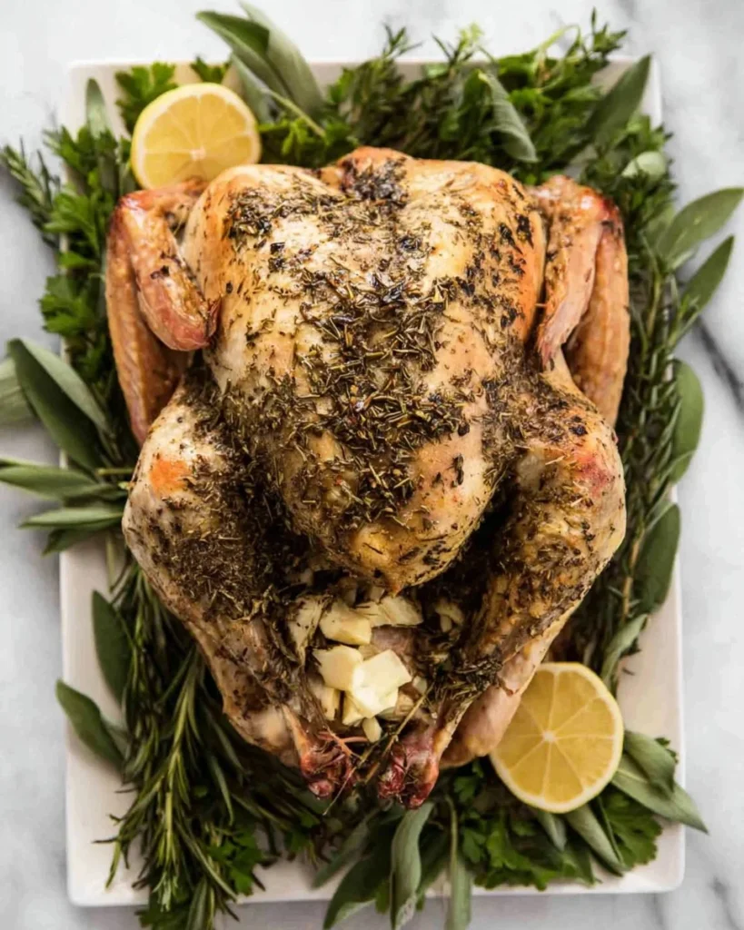 Herb Butter Roasted Turkey garnished with fresh herbs and served on a platter.