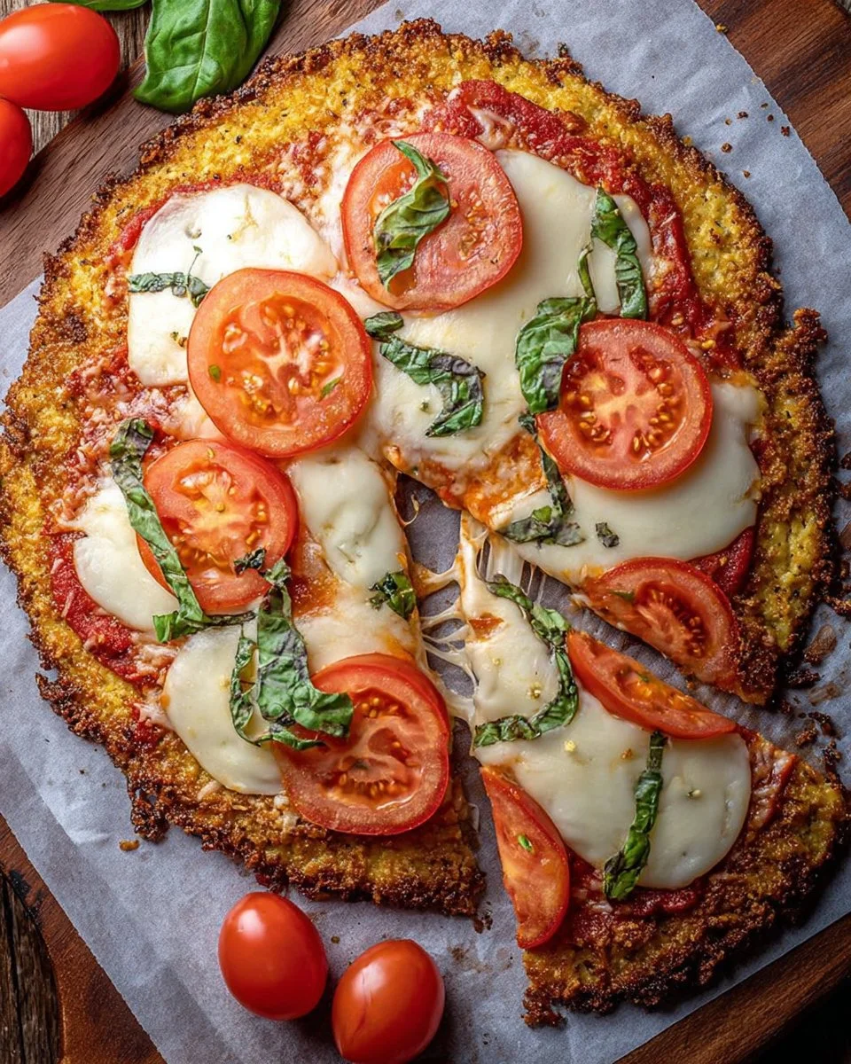 High-protein chicken crust pizza topped with fresh ingredients