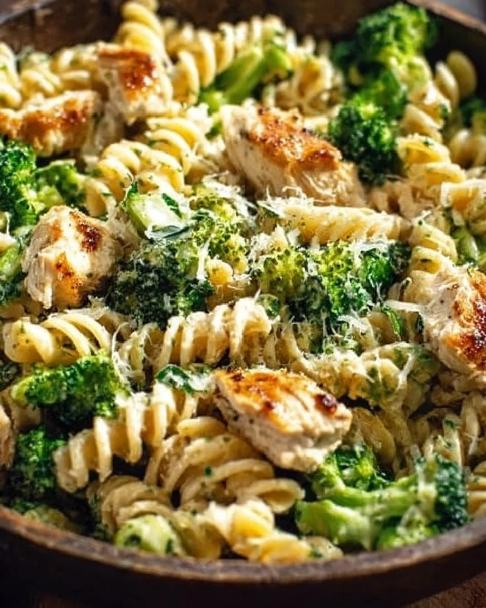 High Protein Rotisserie Chicken with Broccoli and Pasta dish served in a bowl