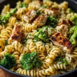 High protein rotisserie chicken with broccoli pasta dish